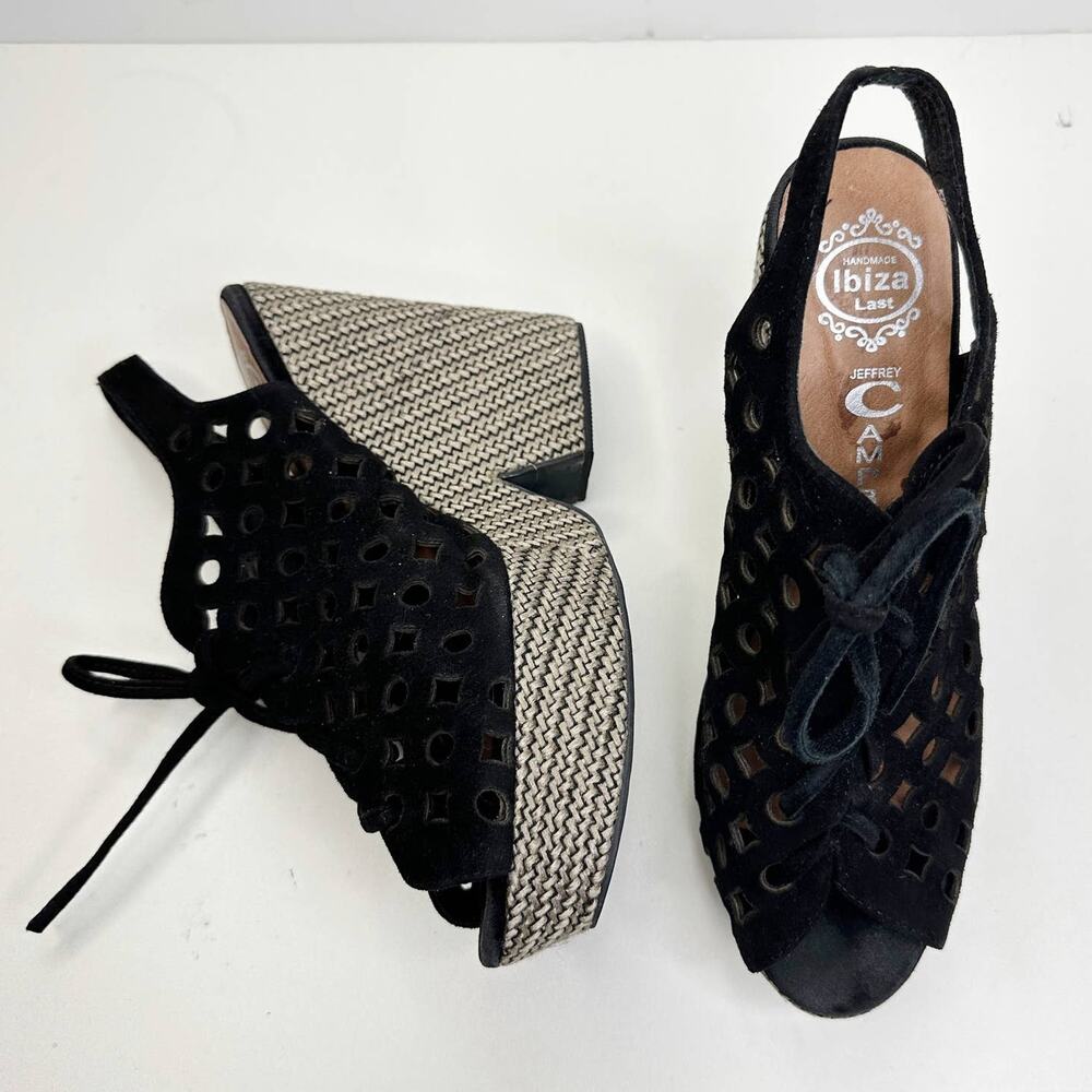 Jeffrey Campbell Suede Lace Up Platform Heel Peep Toe Sandal Black Women 8.5